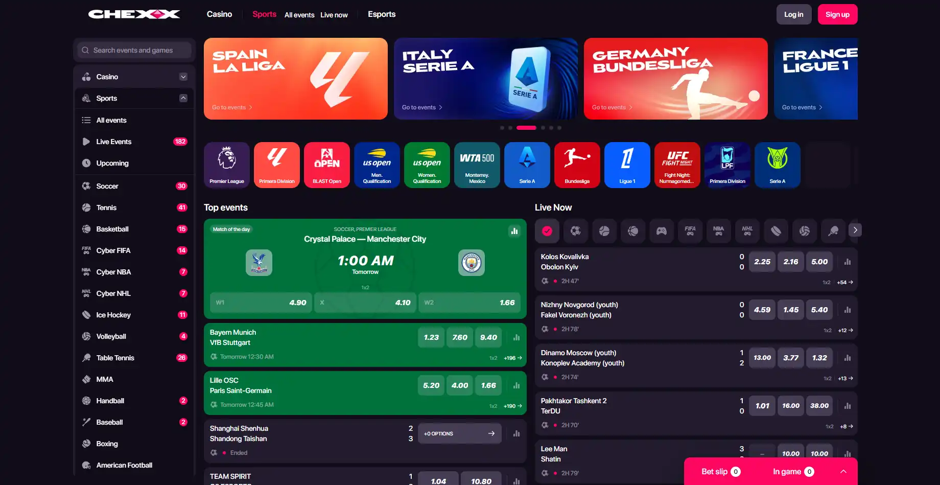 Captură reală a navigării CHEXX Sports și Esports cu evenimente și categorii