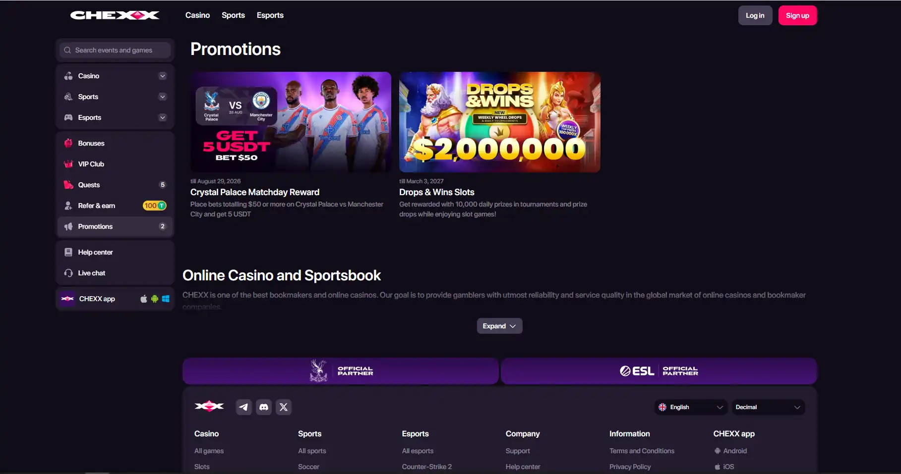 Captură reală a paginii CHEXX VIP Club sau Promotions