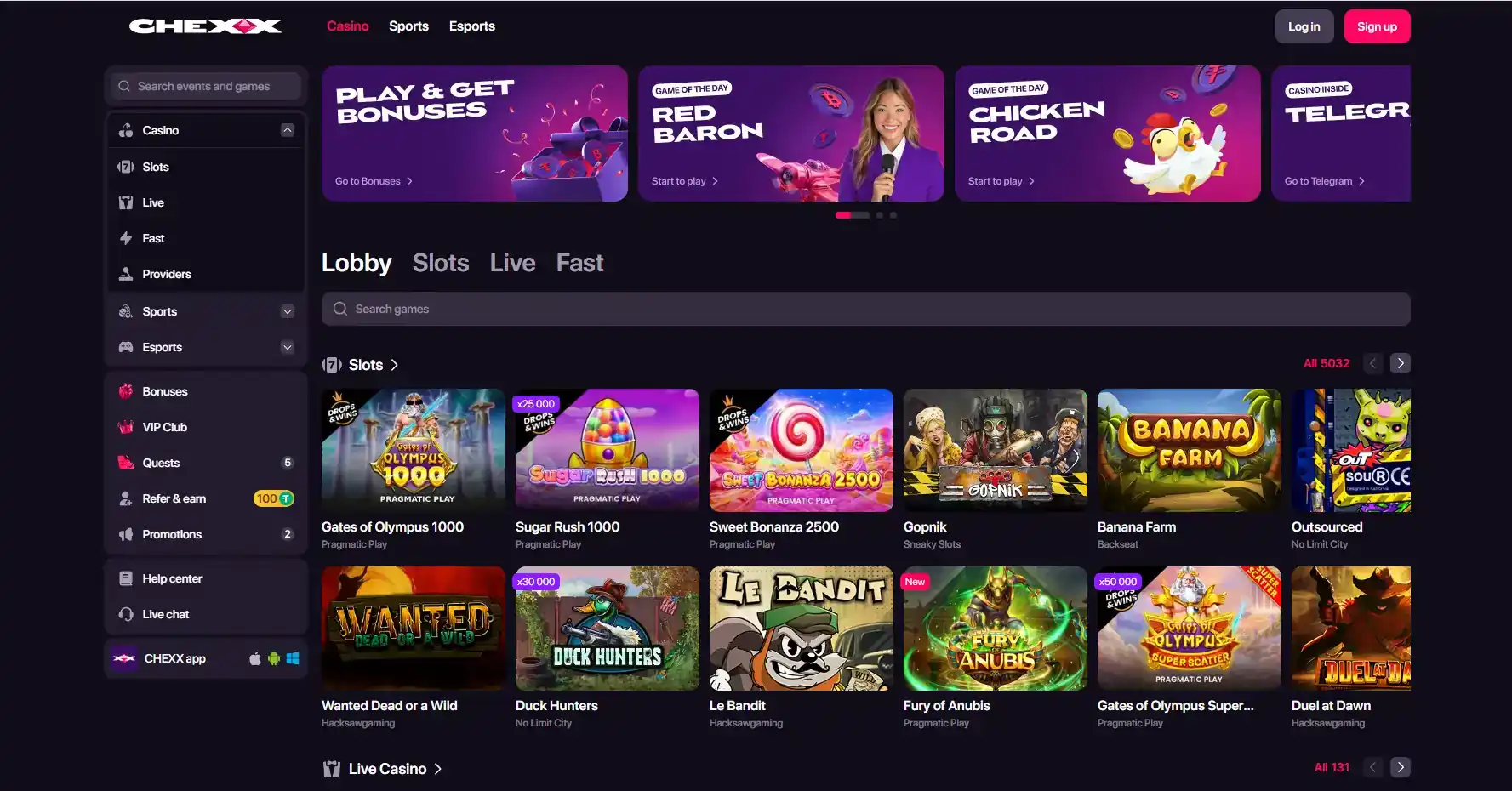 Captură reală a lobby-ului CHEXX cu navigarea Slots, Live Casino și Fast Games