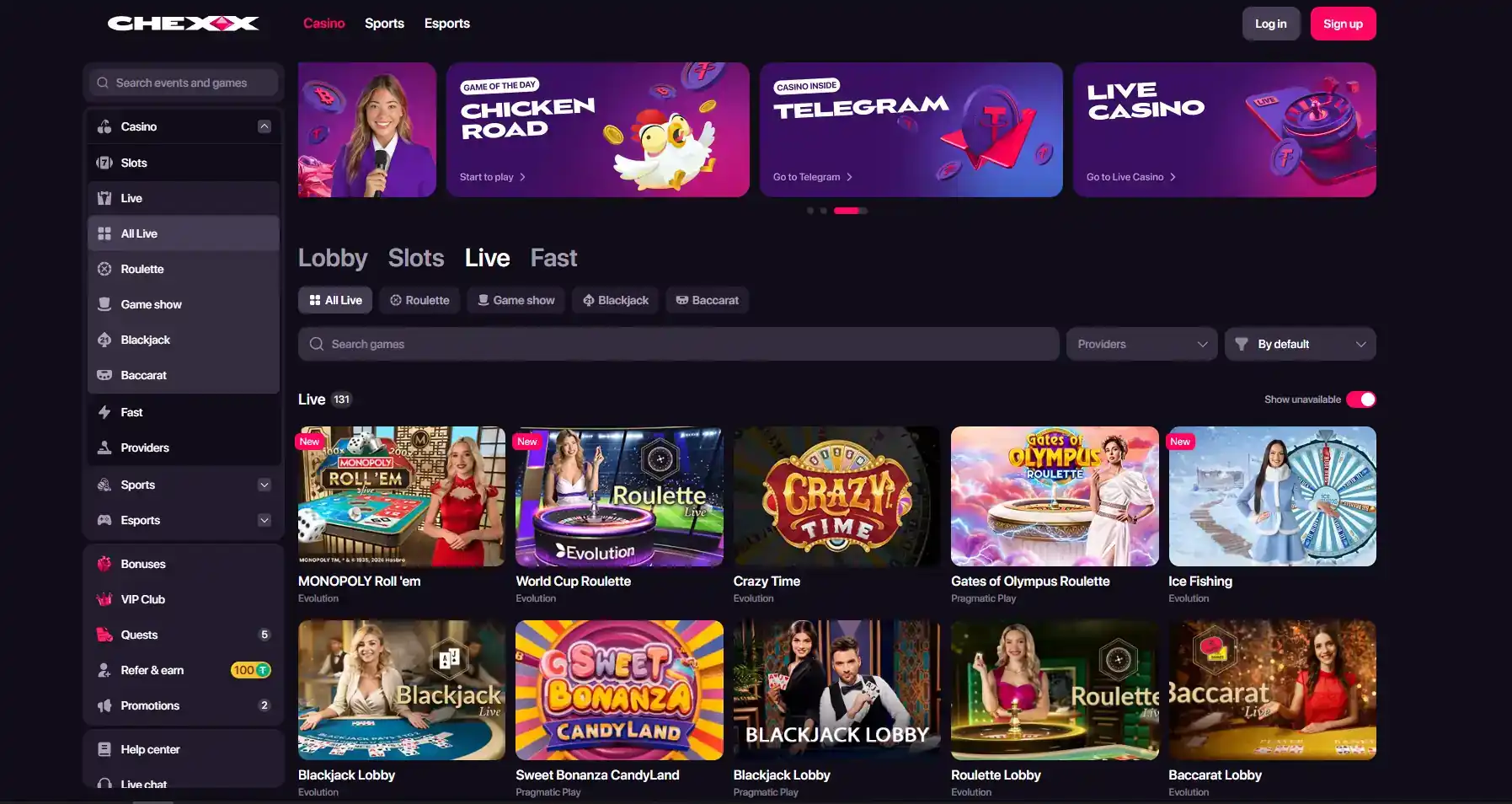 Captură reală a lobby-ului CHEXX Live Casino cu mesele și filtrele de categorie