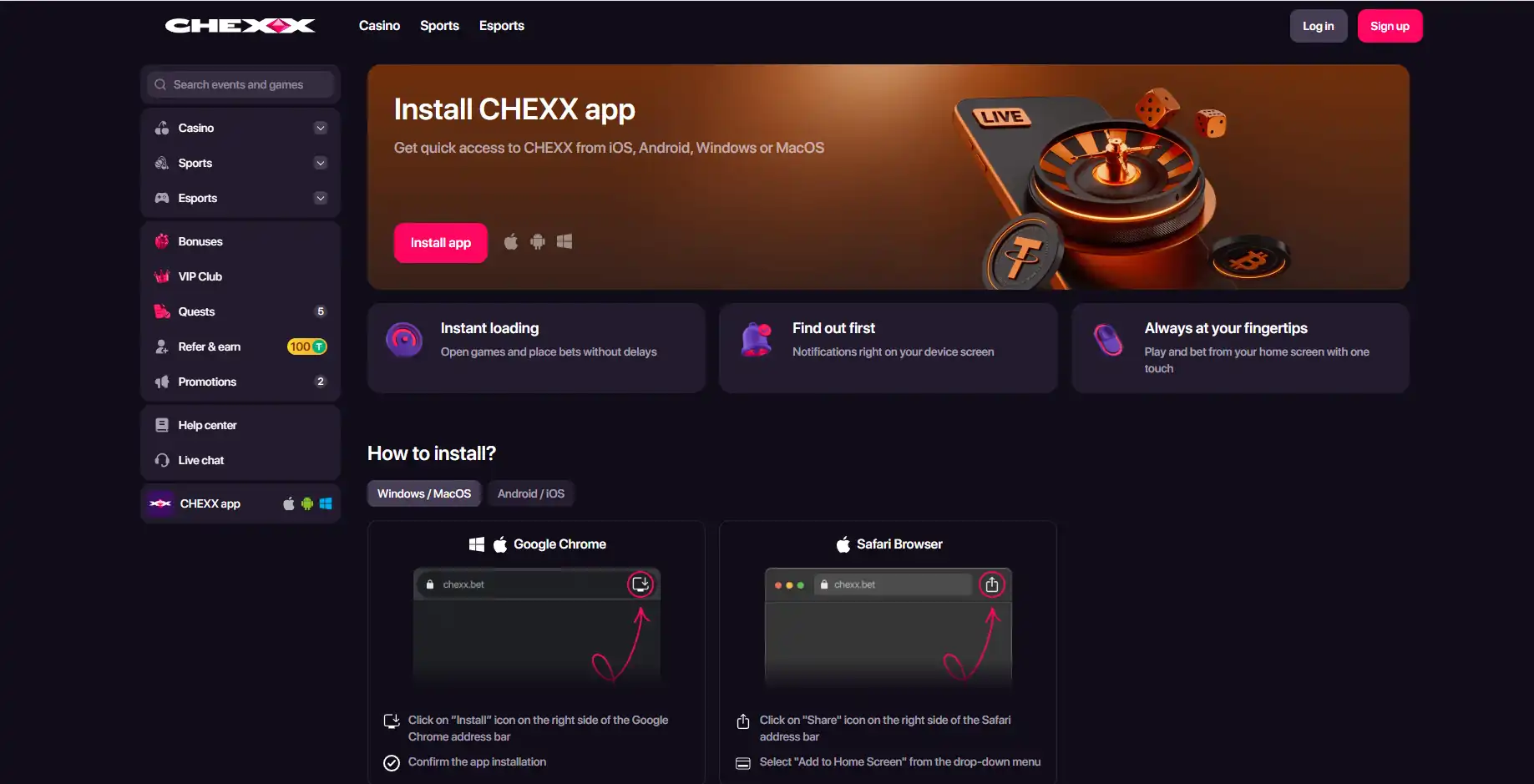 Captură reală a paginii CHEXX Install PWA cu instrucțiuni pentru mobil și desktop