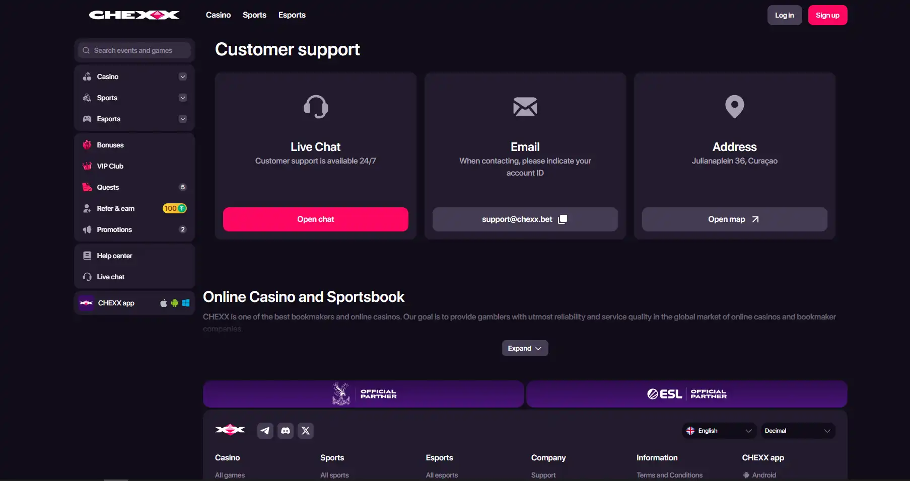 Captură reală a paginii CHEXX Customer Support cu live chat și email